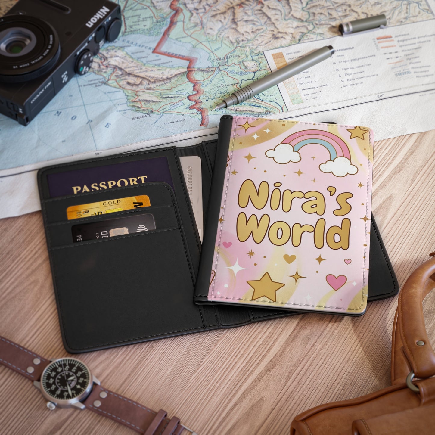 Personalized Passport Cover — "Nira's World" Cute Rainbow Travel Wallet for Kids & Teens