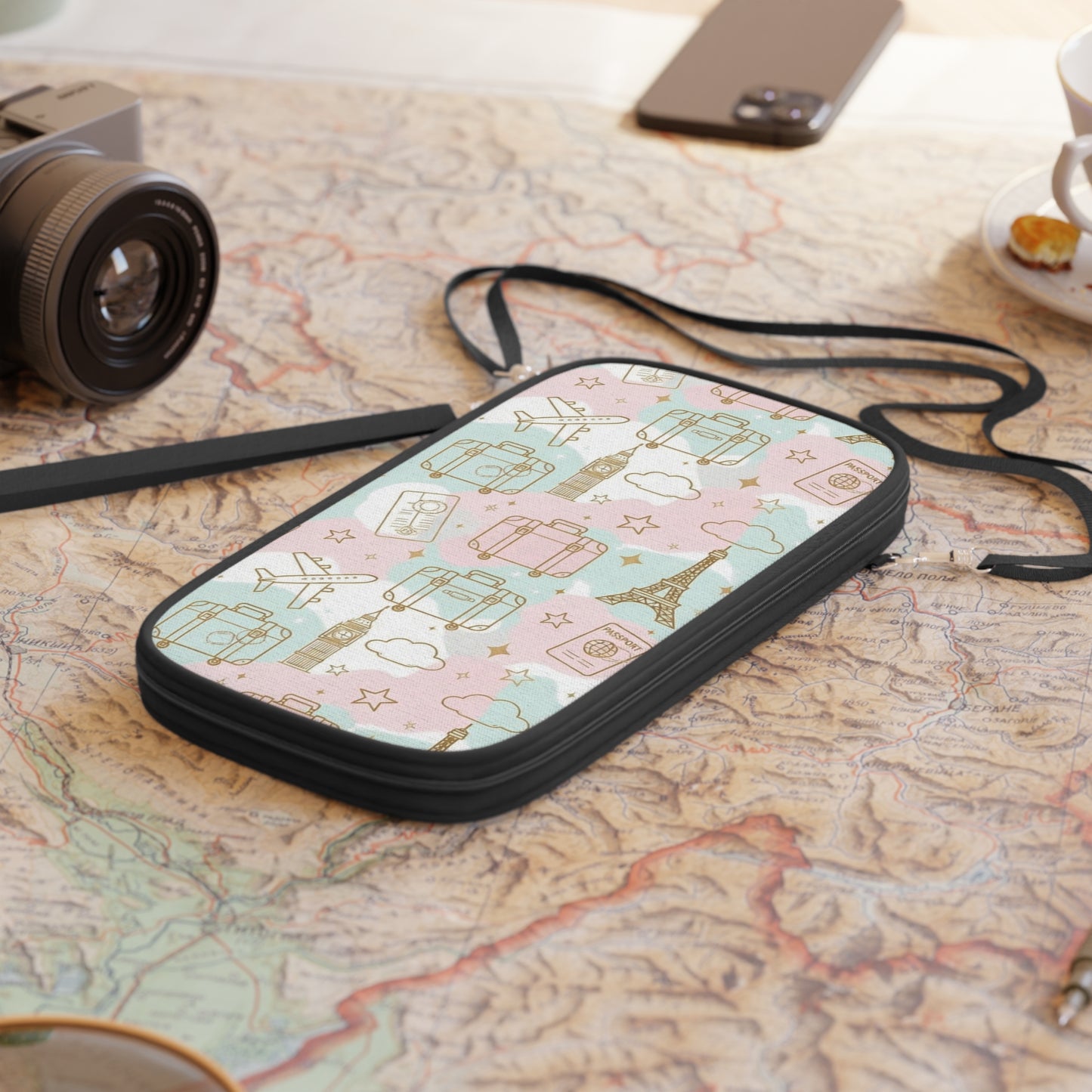 Passport Wallet — Pastel Travel Passport Holder with Luggage, Eiffel Tower & Plane Pattern