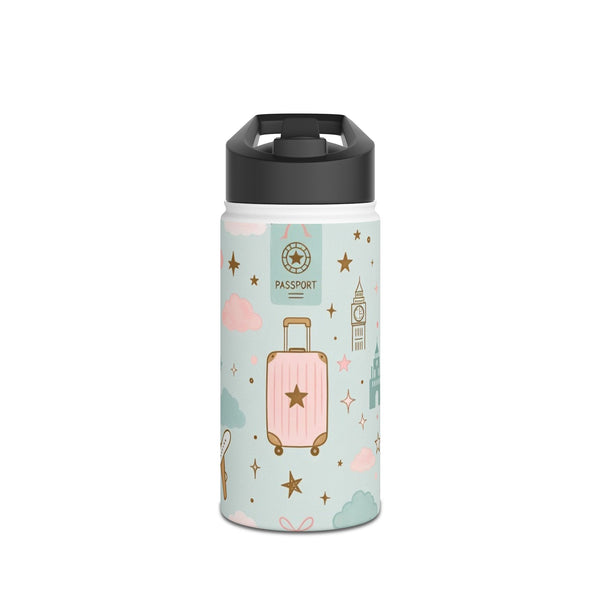 Travel Pattern Stainless Steel Water Bottle — Cute Pastel Luggage & Landmarks Design