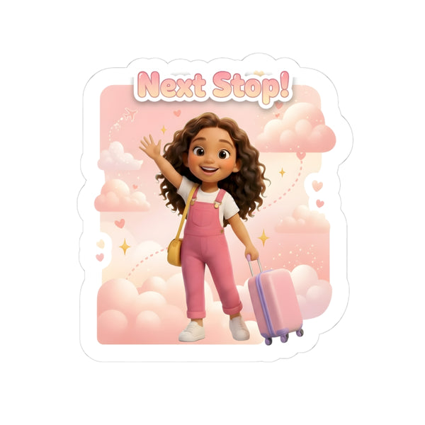 Next Stop! Travel Sticker — Cute Pink Luggage Girl Kiss-Cut Sticker
