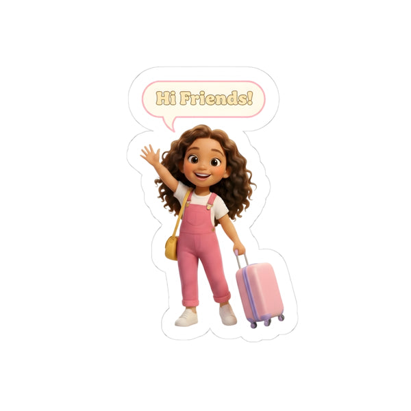 Travel Girl Vinyl Sticker — "Hi Friends!" Kiss-Cut Sticker