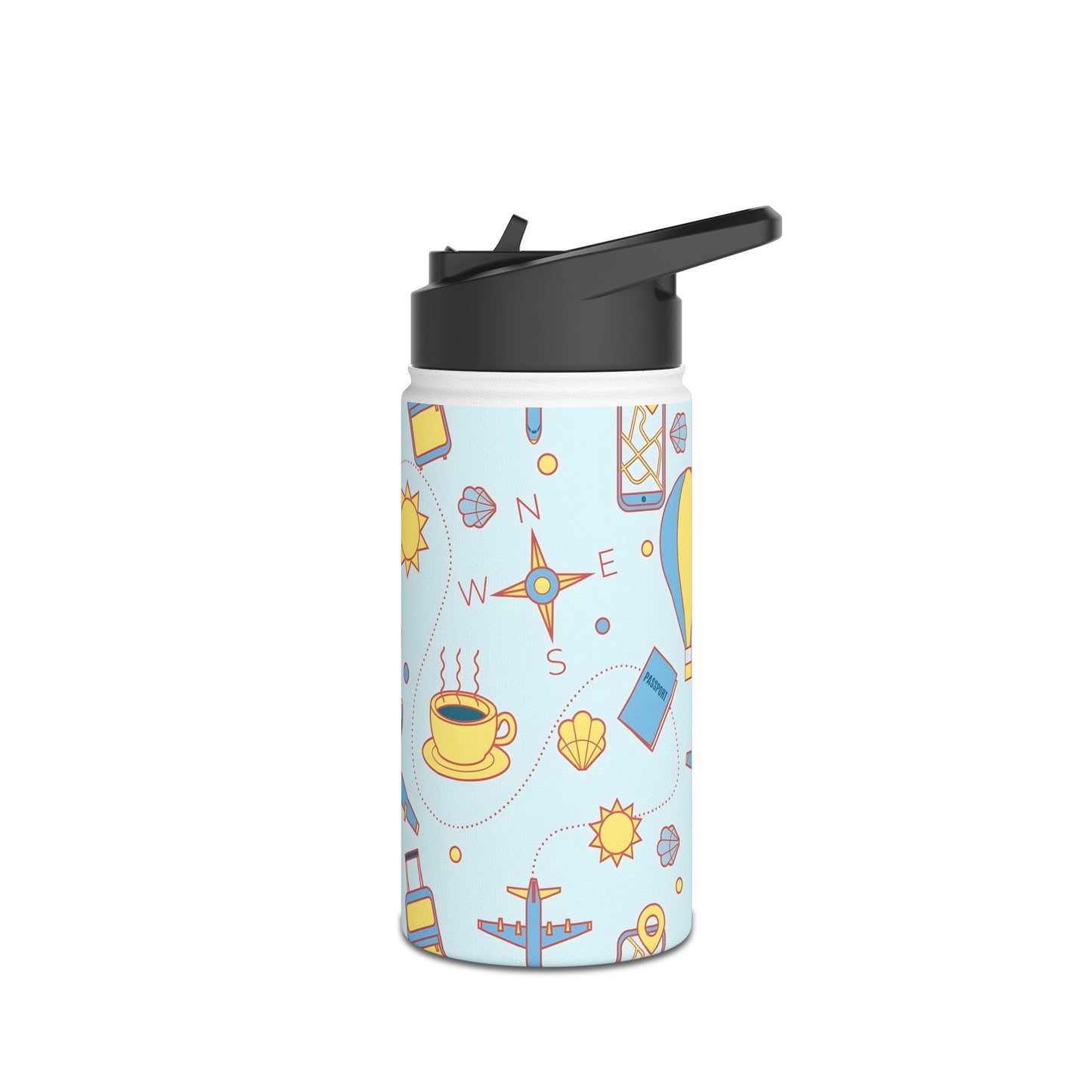 Travel Pattern Stainless Steel Water Bottle — Cute Hot Air Balloon & Plane Design
