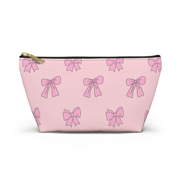 Pink Bow Accessory Pouch — Cute Cosmetic Bag with T-Bottom