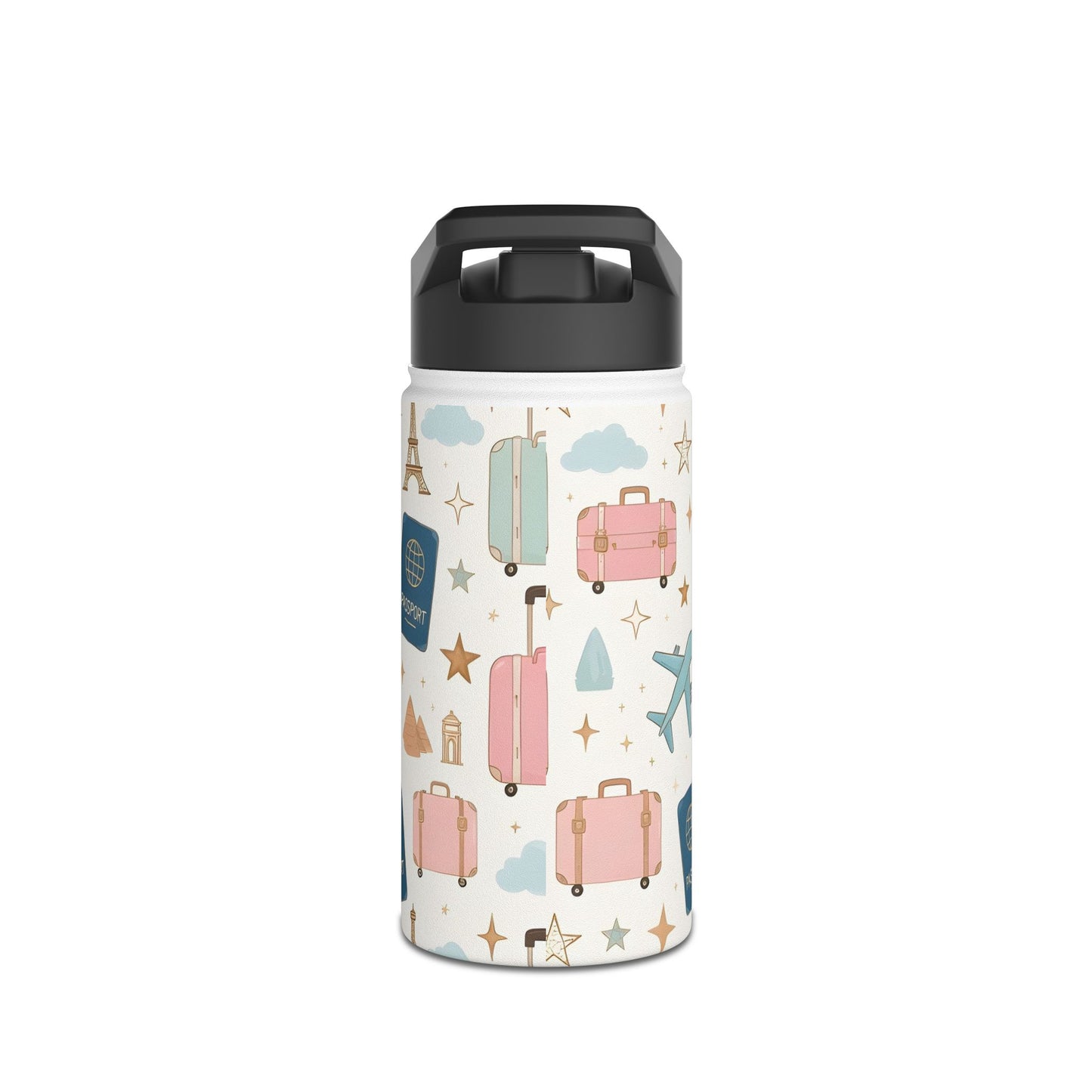 Travel Suitcase Pattern Stainless Steel Water Bottle — Cute Pastel Luggage & Passport Design