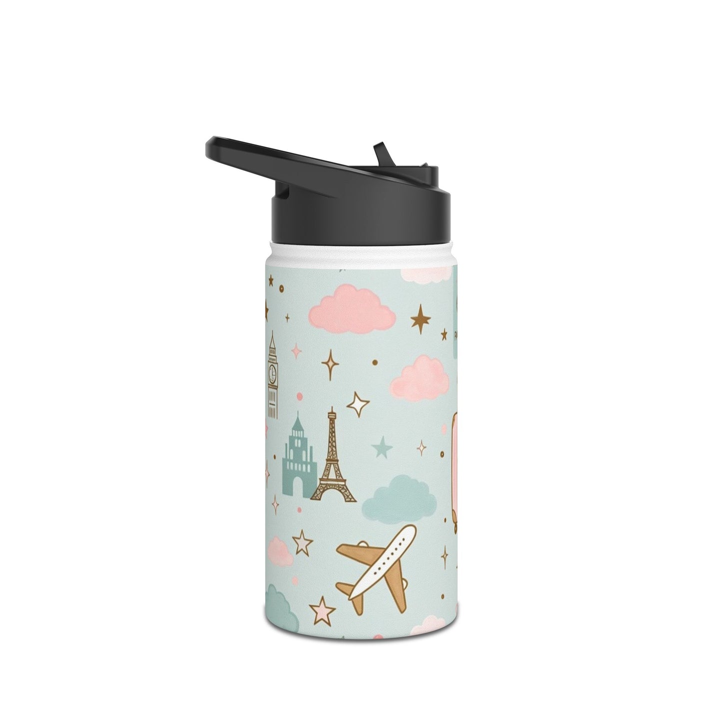 Travel Pattern Stainless Steel Water Bottle — Cute Pastel Luggage & Landmarks Design