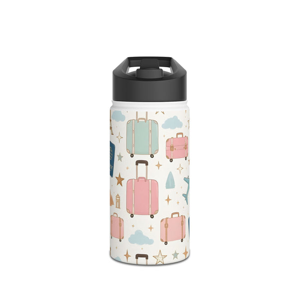 Travel Suitcase Pattern Stainless Steel Water Bottle — Cute Pastel Luggage & Passport Design