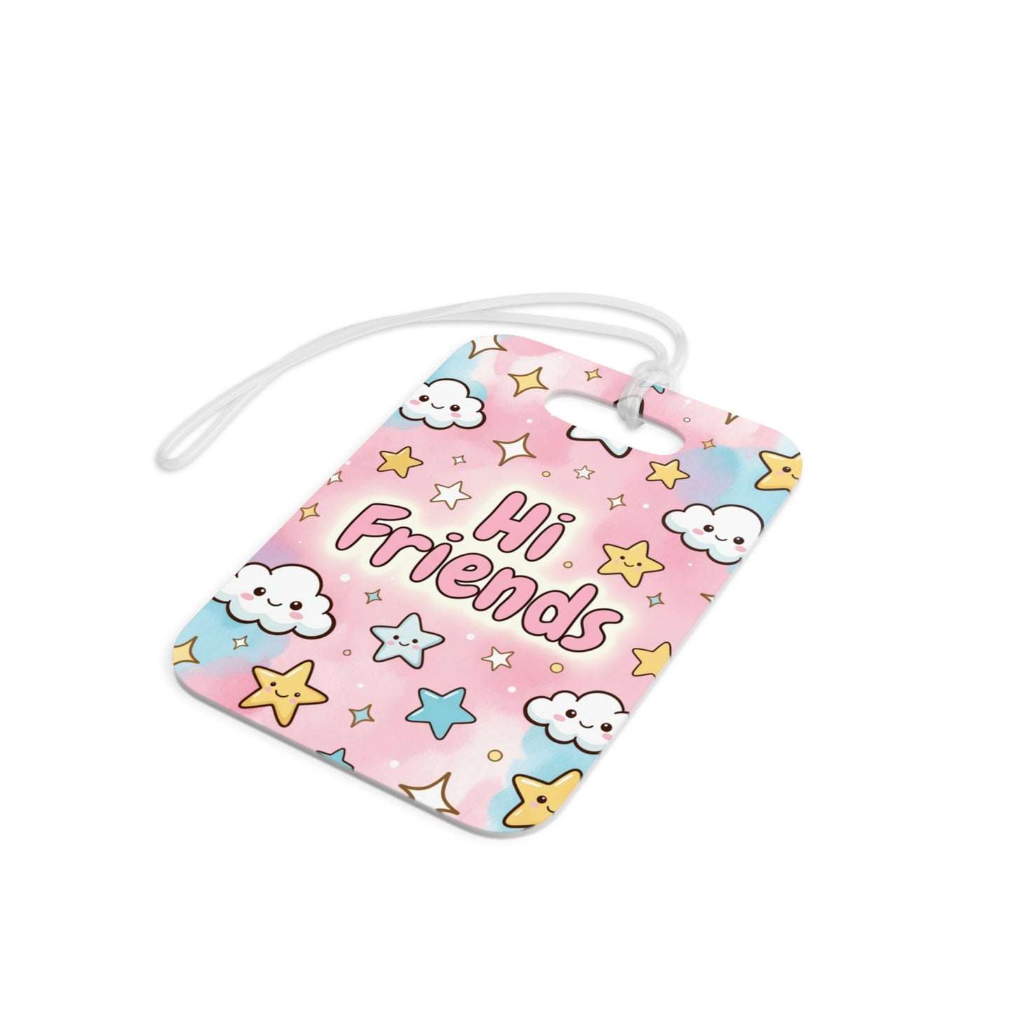 Cute "Hi Friends" Luggage Tag — Pastel Clouds & Stars Travel ID