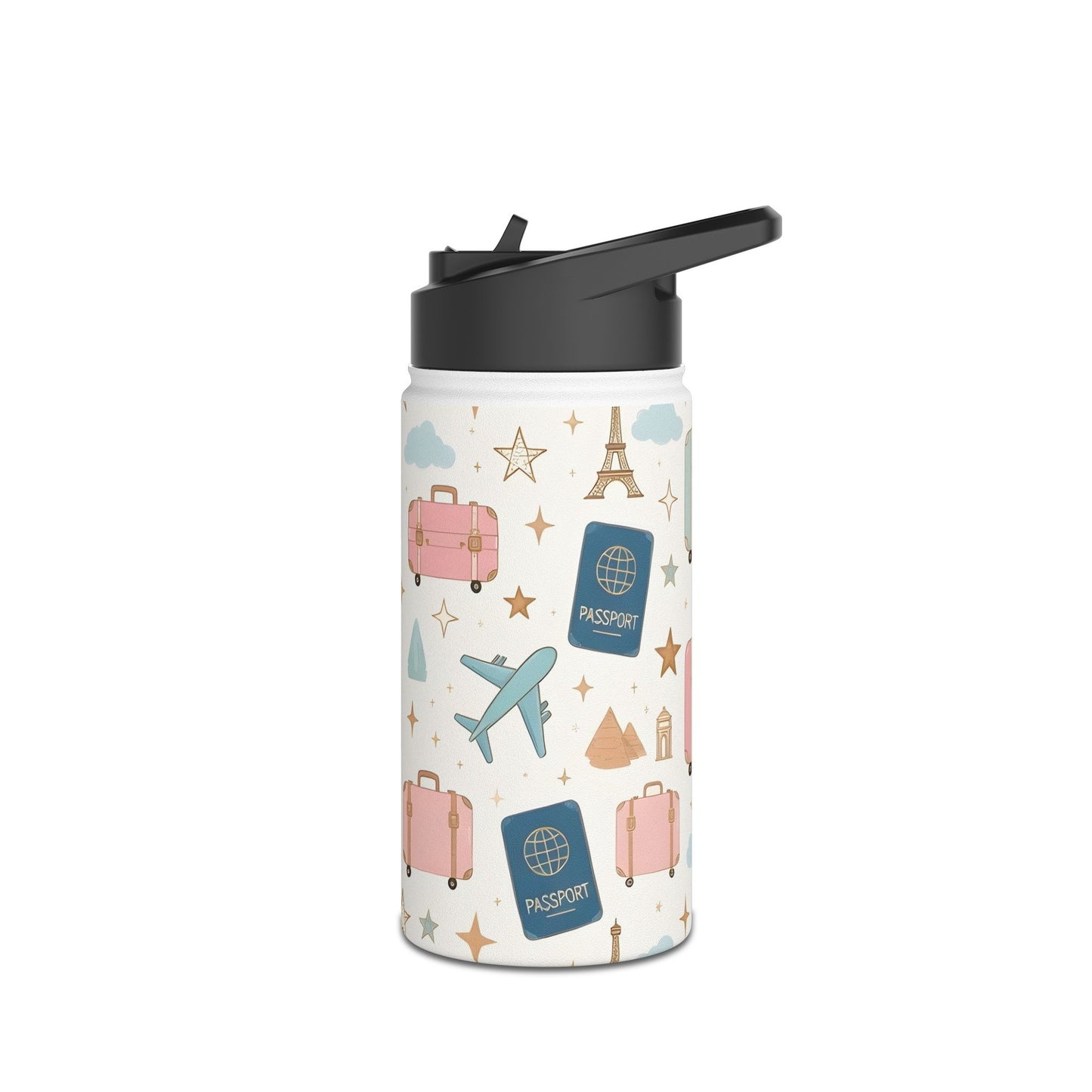 Travel Suitcase Pattern Stainless Steel Water Bottle — Cute Pastel Luggage & Passport Design
