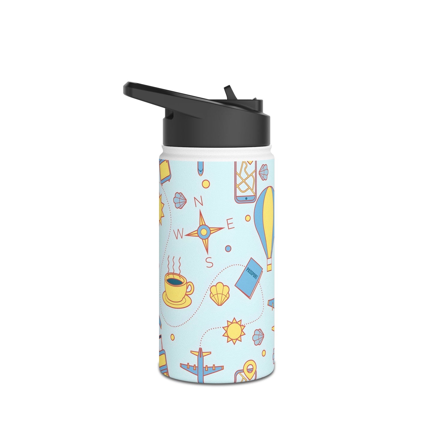 Travel Pattern Stainless Steel Water Bottle — Cute Hot Air Balloon & Plane Design