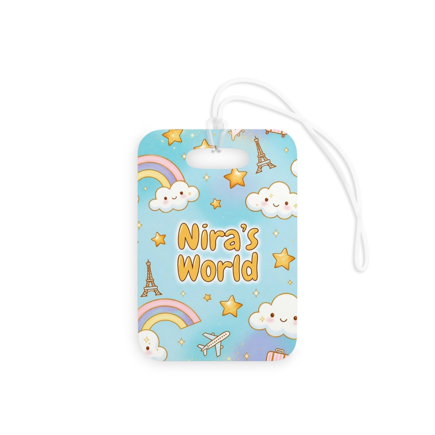 Personalized Kids Luggage Tag — "Nira's World" Cute Clouds, Rainbows & Eiffel Tower Travel Tag