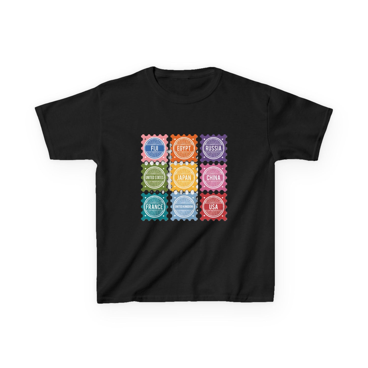 Kids Tee — Colorful Stamp Alphabet Design (A–Z Letters)