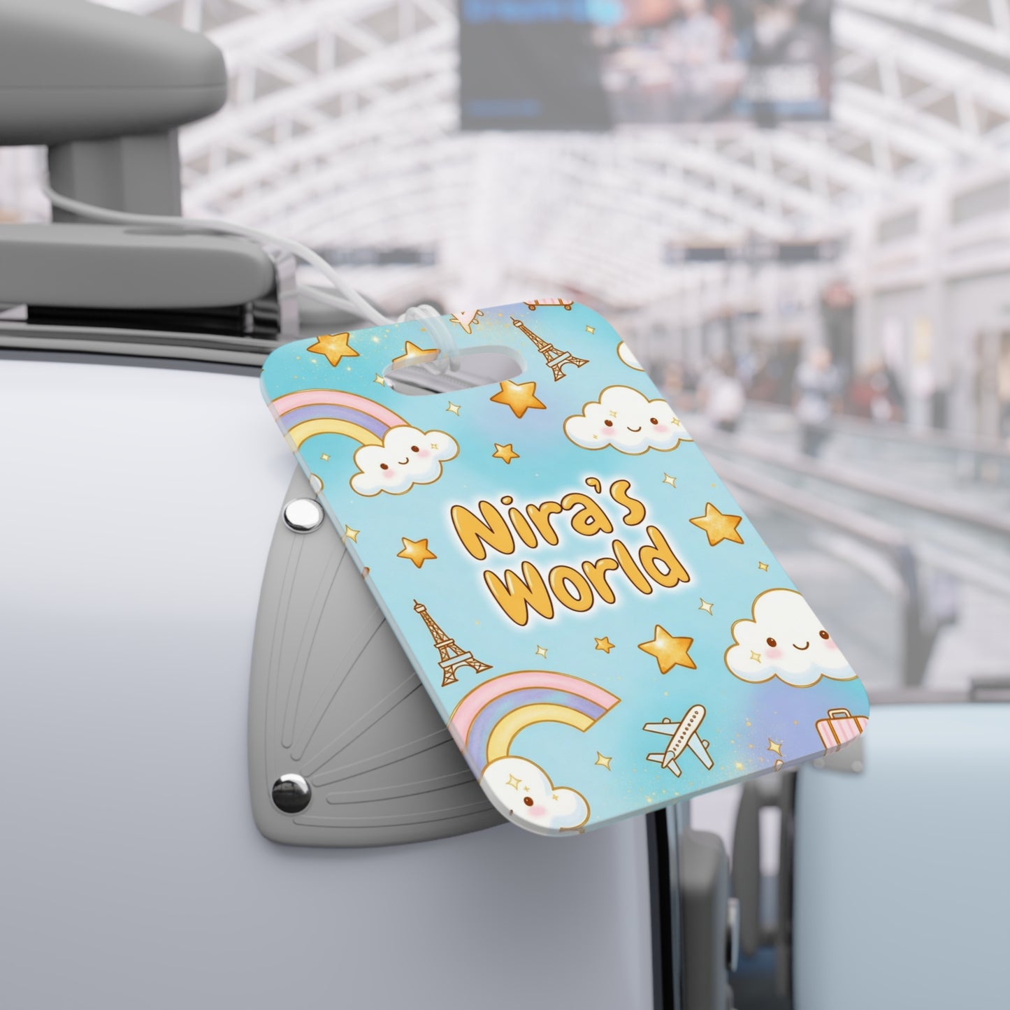 Personalized Kids Luggage Tag — "Nira's World" Cute Clouds, Rainbows & Eiffel Tower Travel Tag