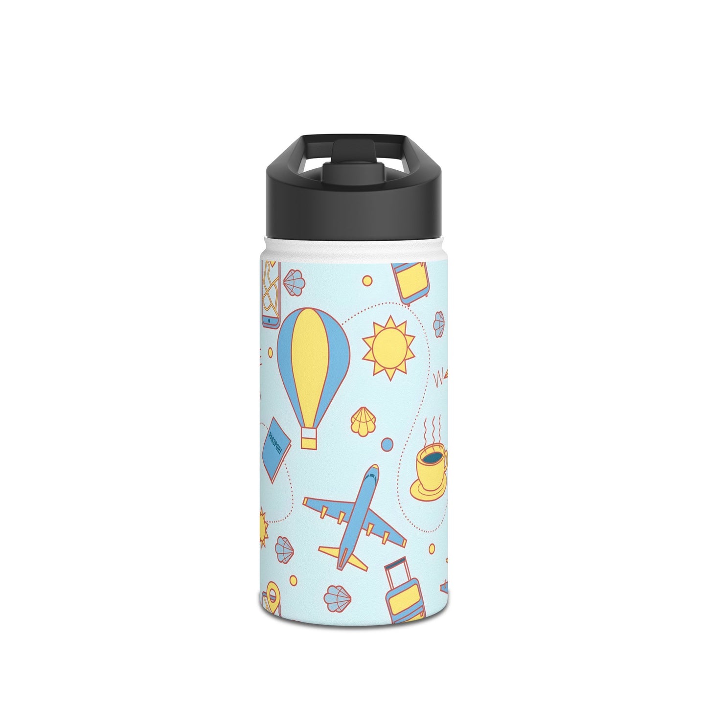 Travel Pattern Stainless Steel Water Bottle — Cute Hot Air Balloon & Plane Design