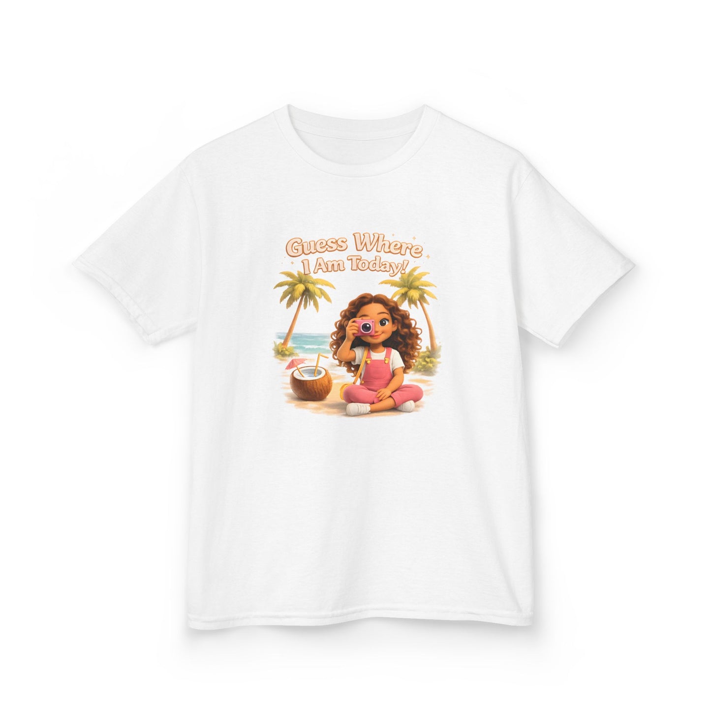 Kids Tee — "Cute' Vibes at the Beach" Graphic Shirt (Nira with Coconut & Palm Trees)