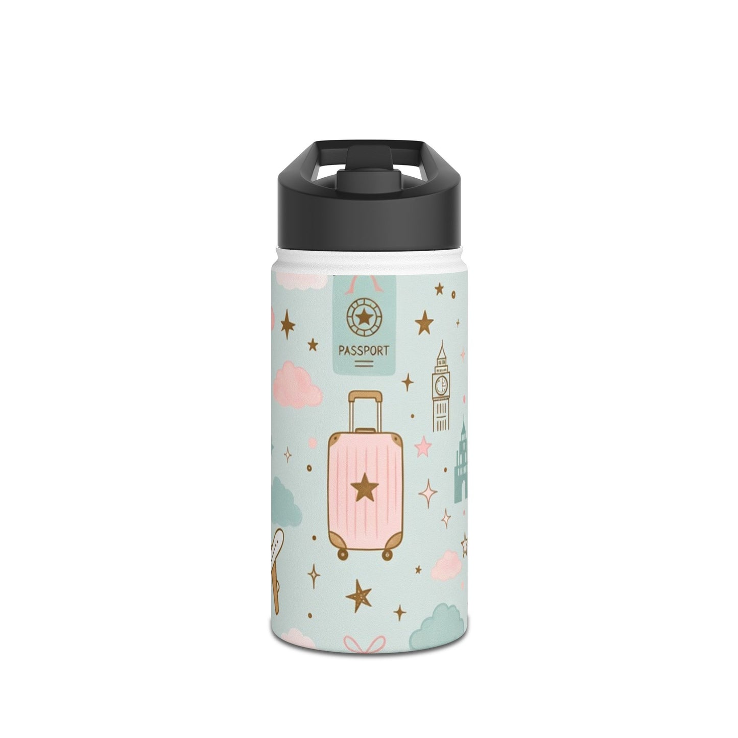 Travel Pattern Stainless Steel Water Bottle — Cute Pastel Luggage & Landmarks Design