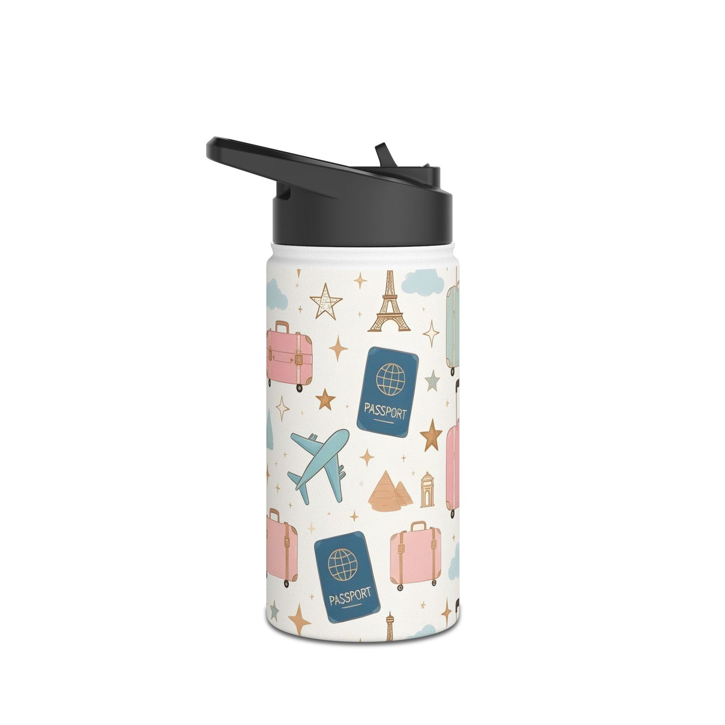 Travel Suitcase Pattern Stainless Steel Water Bottle — Cute Pastel Luggage & Passport Design