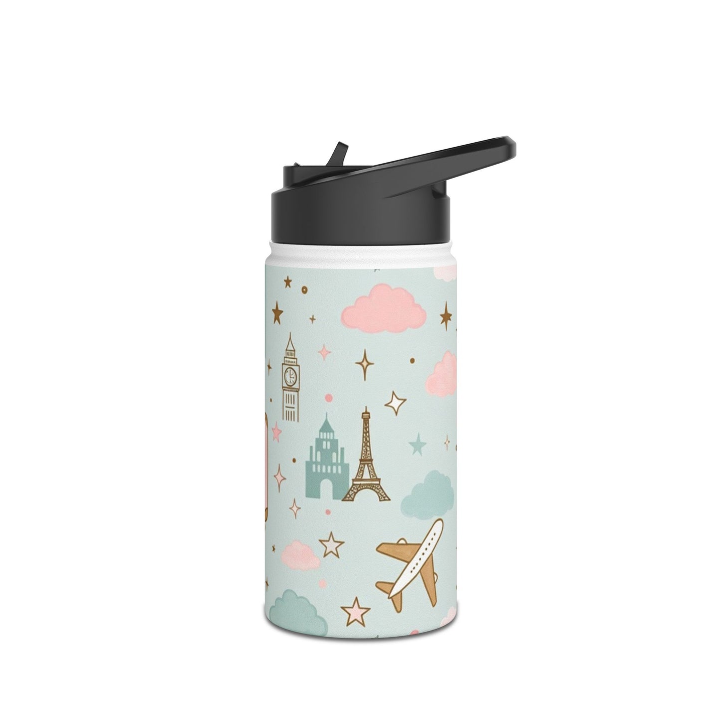 Travel Pattern Stainless Steel Water Bottle — Cute Pastel Luggage & Landmarks Design