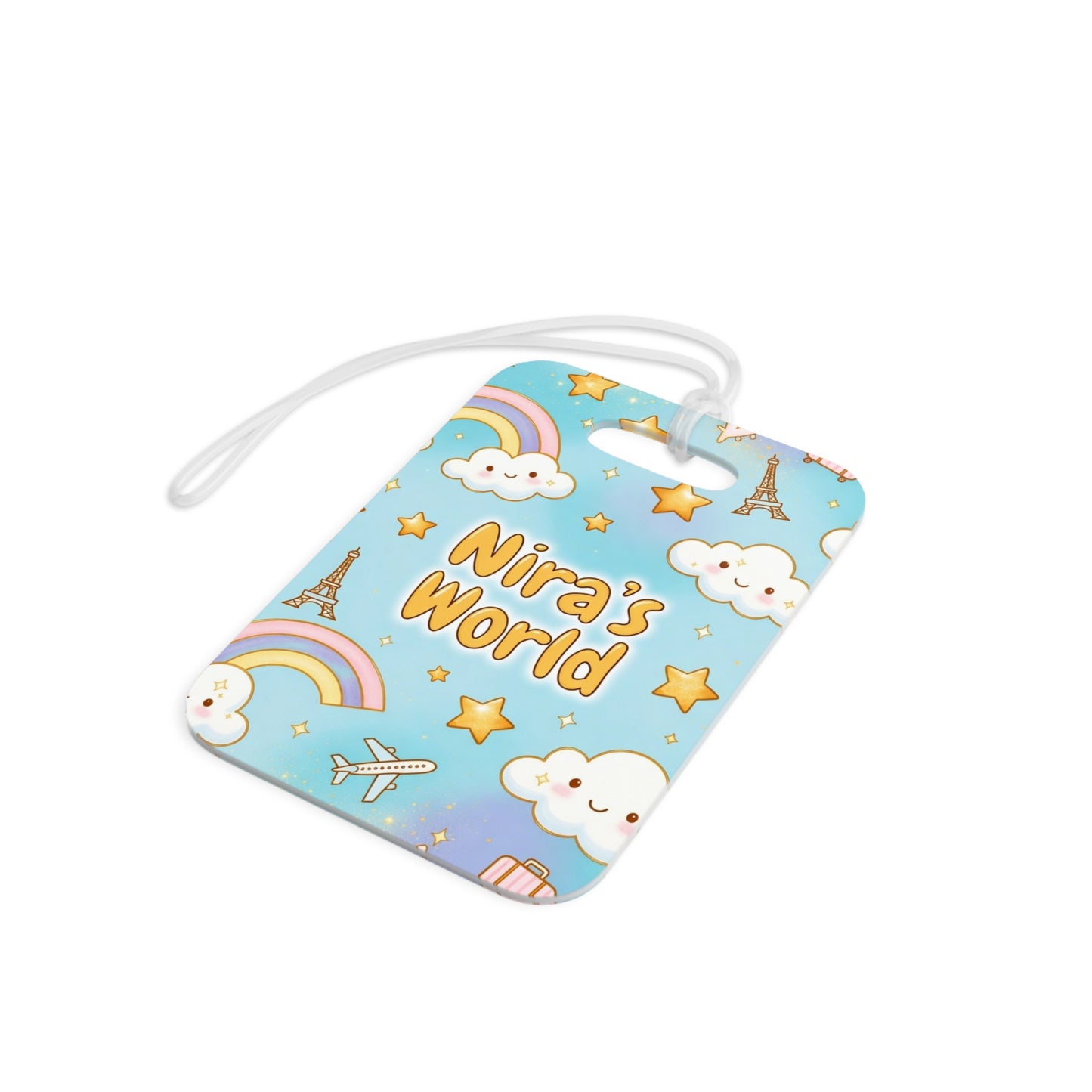 Personalized Kids Luggage Tag — "Nira's World" Cute Clouds, Rainbows & Eiffel Tower Travel Tag