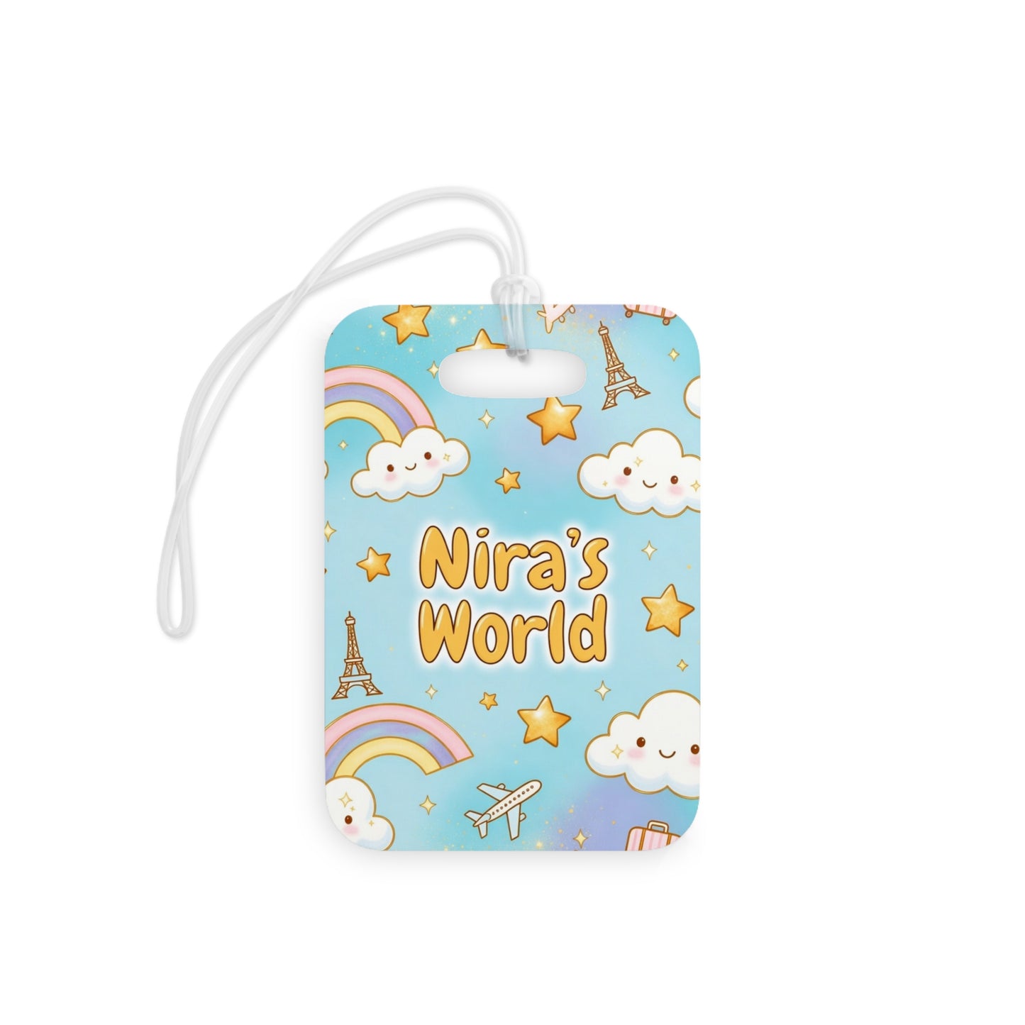 Personalized Kids Luggage Tag — "Nira's World" Cute Clouds, Rainbows & Eiffel Tower Travel Tag