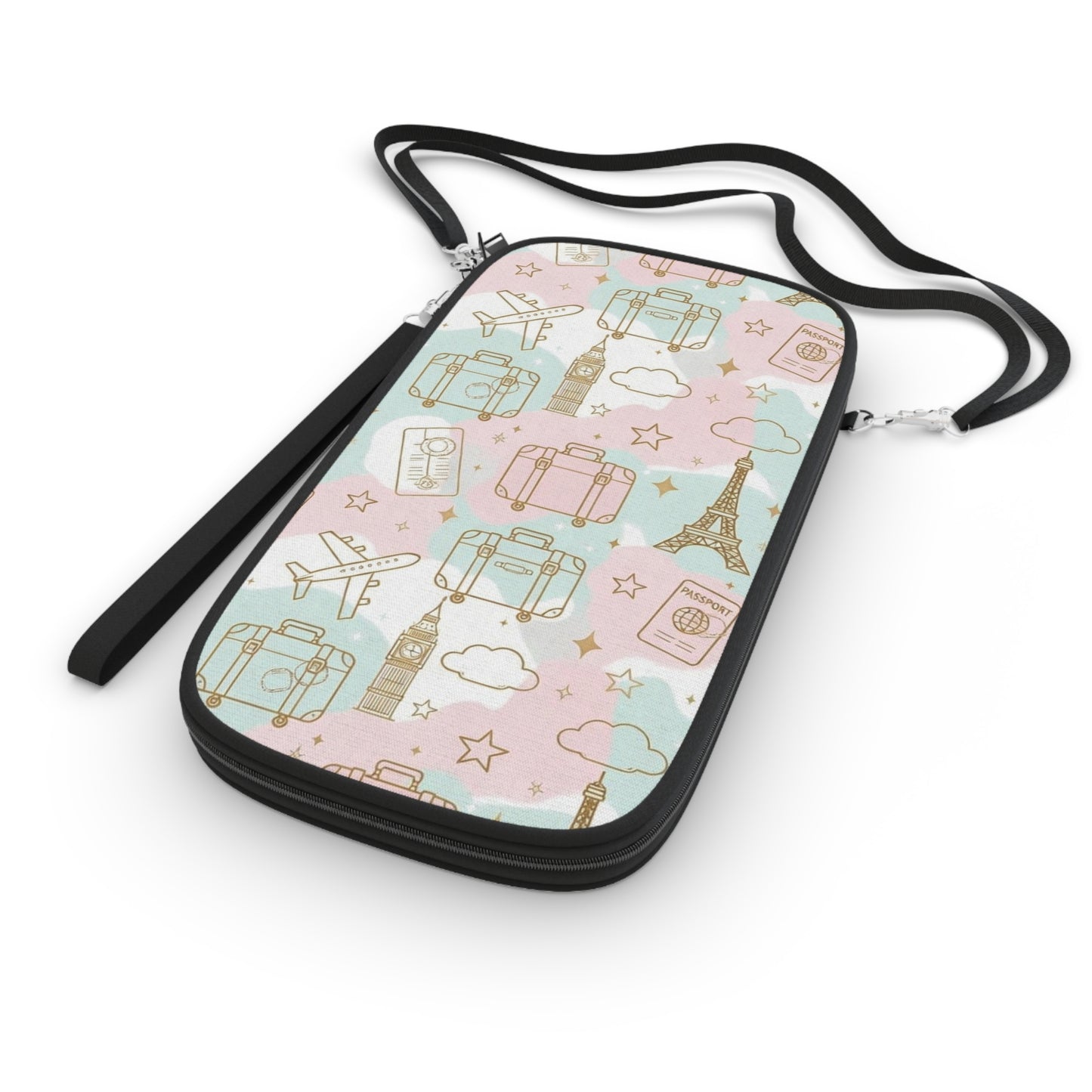 Passport Wallet — Pastel Travel Passport Holder with Luggage, Eiffel Tower & Plane Pattern