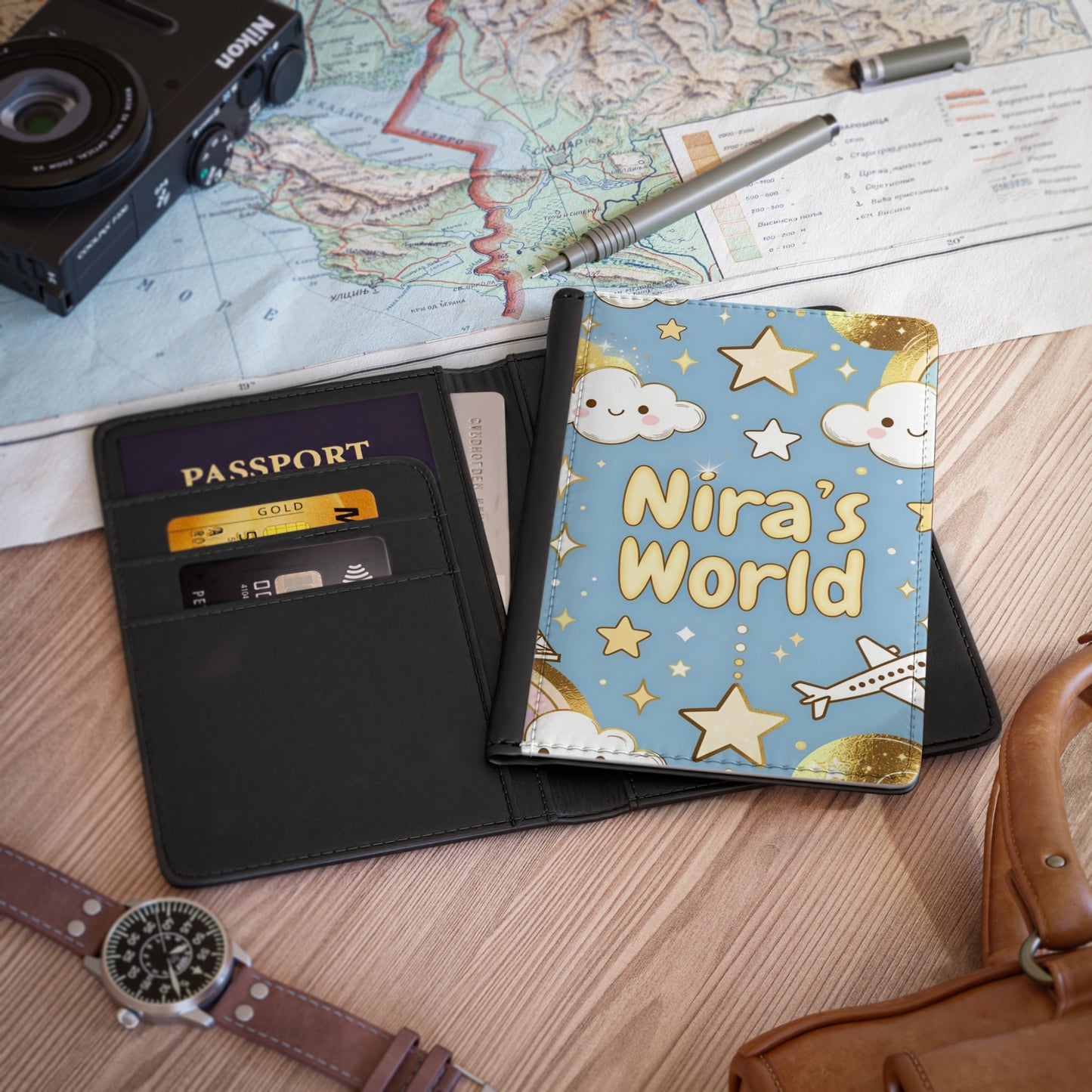 Personalized Kids Passport Cover — "Nira’s World" Star & Cloud Travel Protector