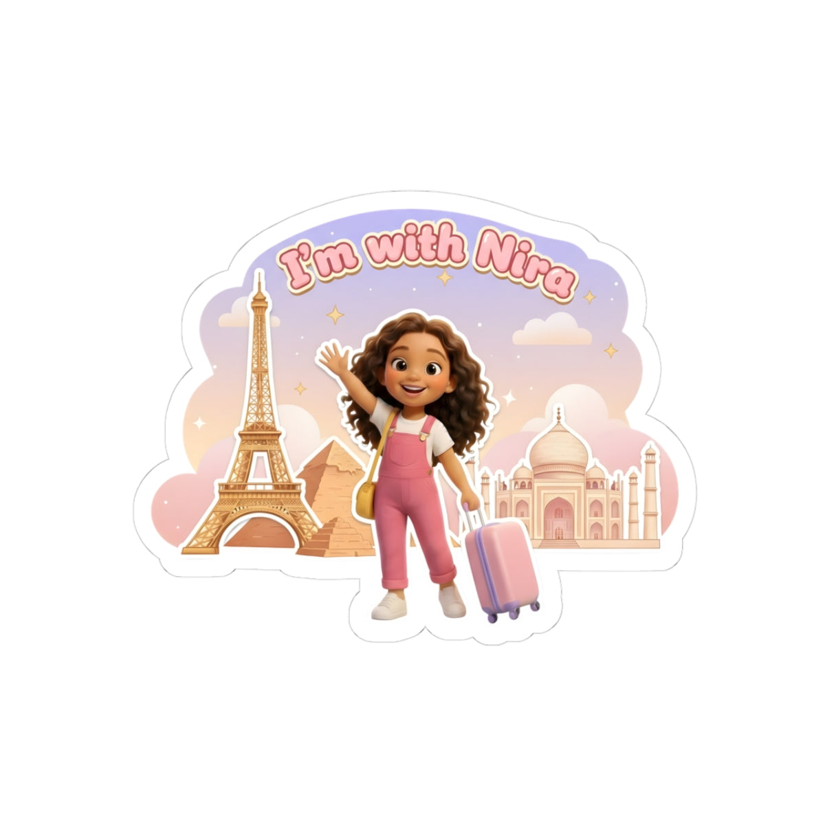 I'm with Nira Travel Sticker — Cute Kid Explorer Kiss-Cut Sticker (Eiffel Tower & Taj Mahal)