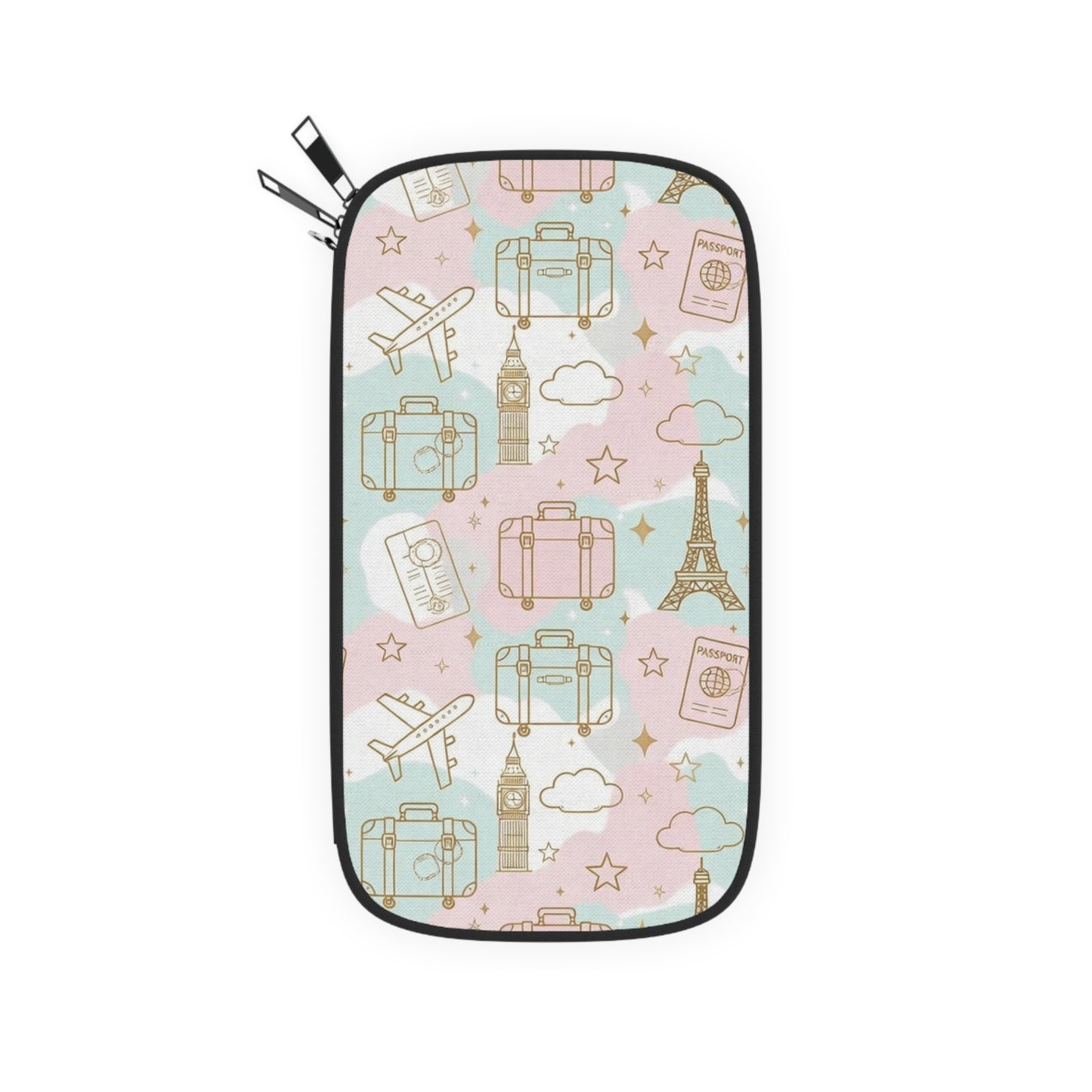 Passport Wallet — Pastel Travel Passport Holder with Luggage, Eiffel Tower & Plane Pattern