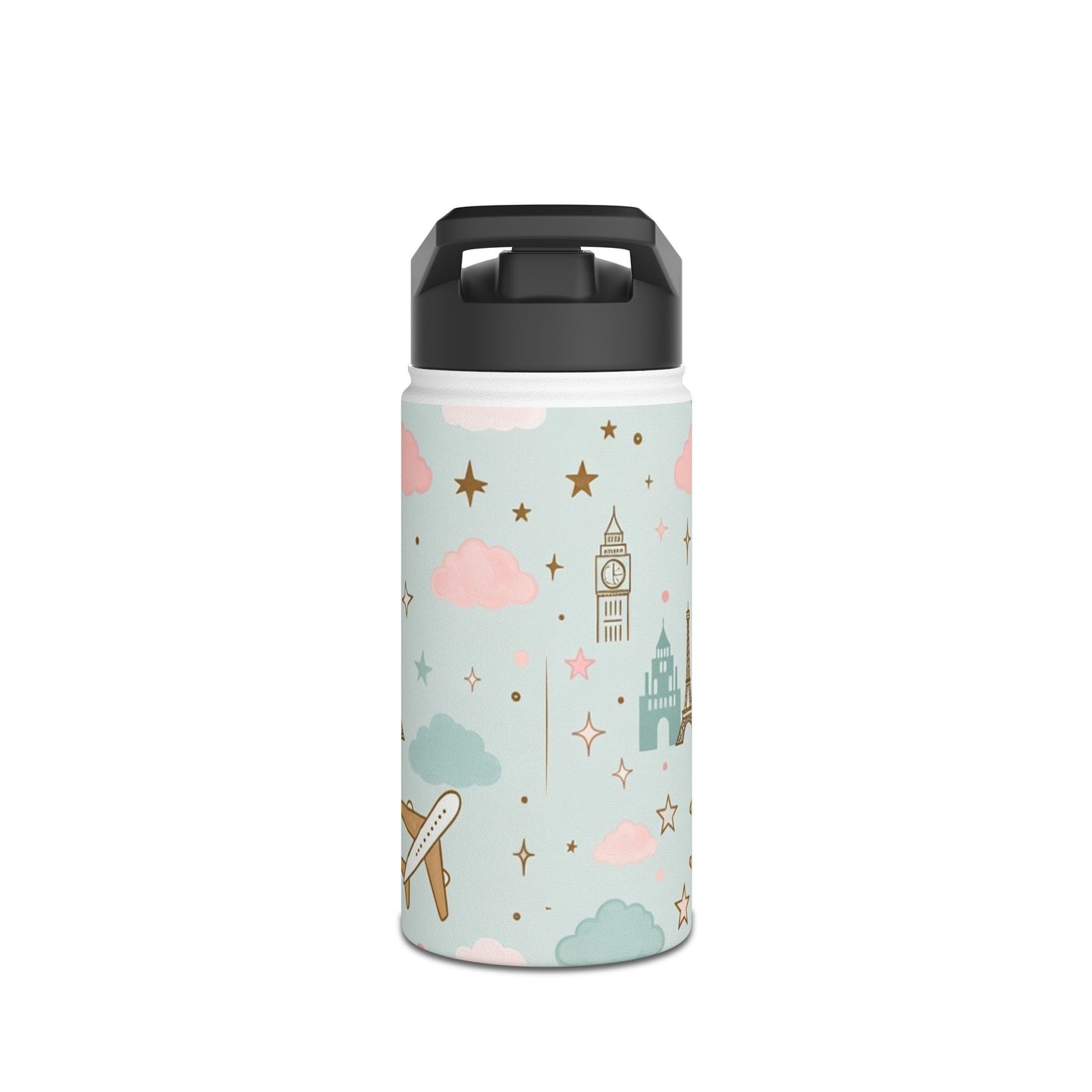 Travel Pattern Stainless Steel Water Bottle — Cute Pastel Luggage & Landmarks Design